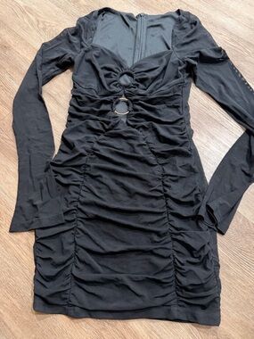 Black Ruched Long Sleeve Mini Dress with Ring Detail